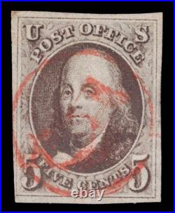 MOMEN US STAMPS #1a IMPERF RED 5 IN CIRCLE USED VF+ LOT #95552
