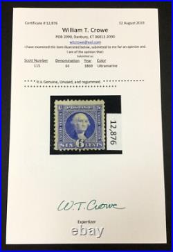 Momen Us Stamps #115 Unused Crowe Cert Lot #84070