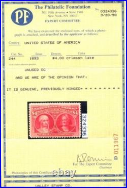 Momen Us Stamps #244 $4 Columbian Mint Og Lh Vf+ Pf Cert Lot #98162