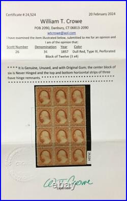 Momen Us Stamps #26 Post Office Fresh Block Mint Og Nh Crowe Cert Lot #94120