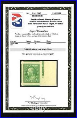 Momen Us Stamps #343 Mint Og Nh Pse Graded Cert Gem-100 Lot #79200
