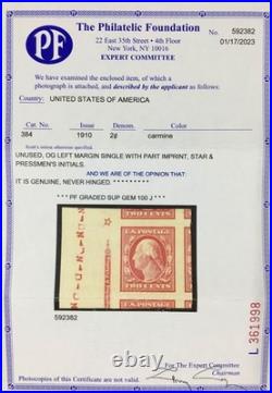 Momen Us Stamps #384 Mint Og Nh Pf Graded Cert Gem-100j Lot #96225