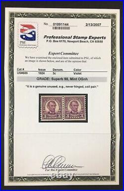 Momen Us Stamps #600 Coil Pair Mint Og Nh Pse Graded Cert Sup-98 Lot #85952