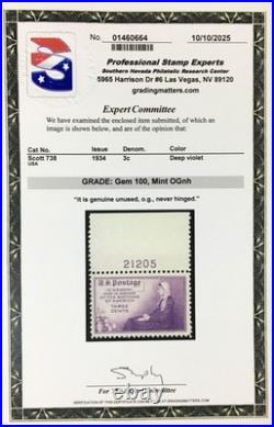 Momen Us Stamps #738 Plate Single Mint Og Nh Pse Graded Cert Gem-100 Lot #95494